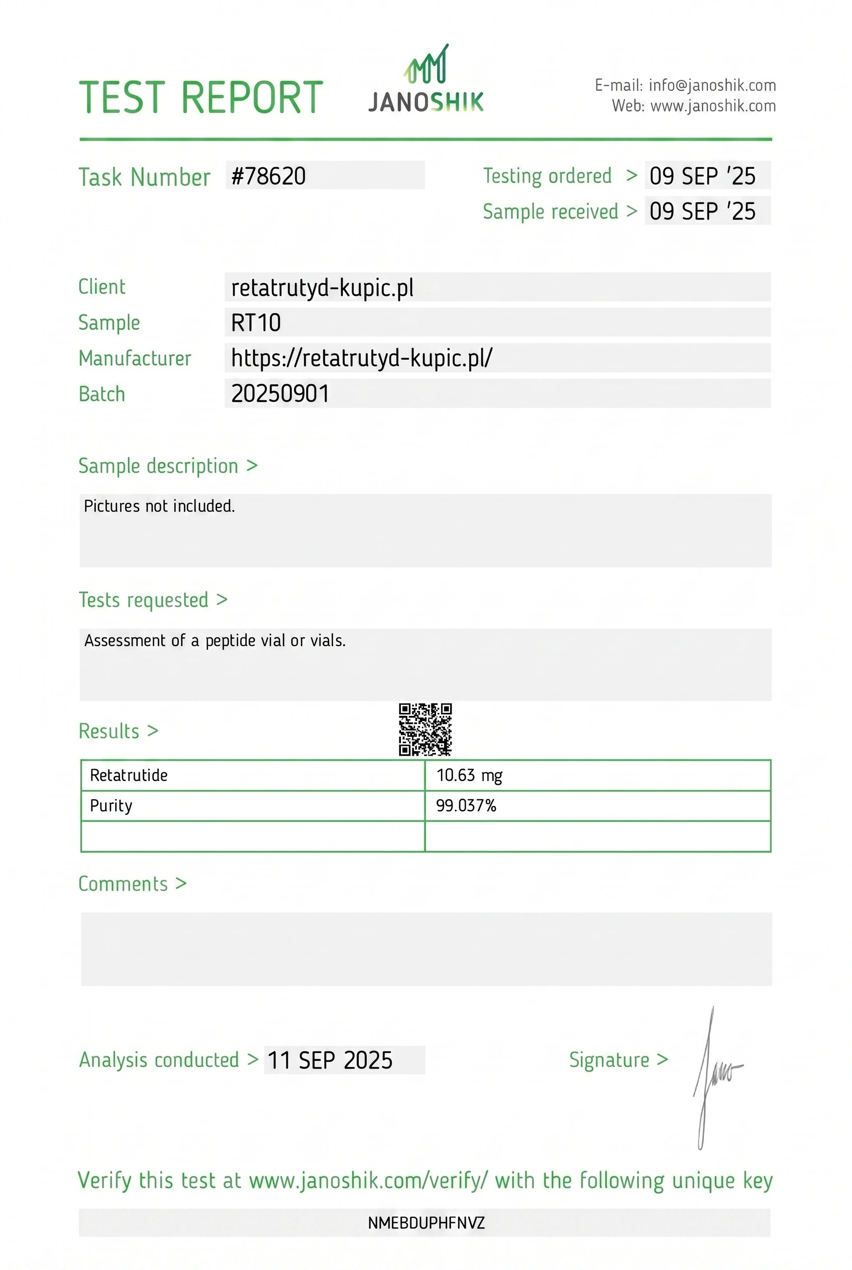 Certyfikat analizy Janoshik dla retatrutydu RT10 — czystosc 99,037%, batch 20250901