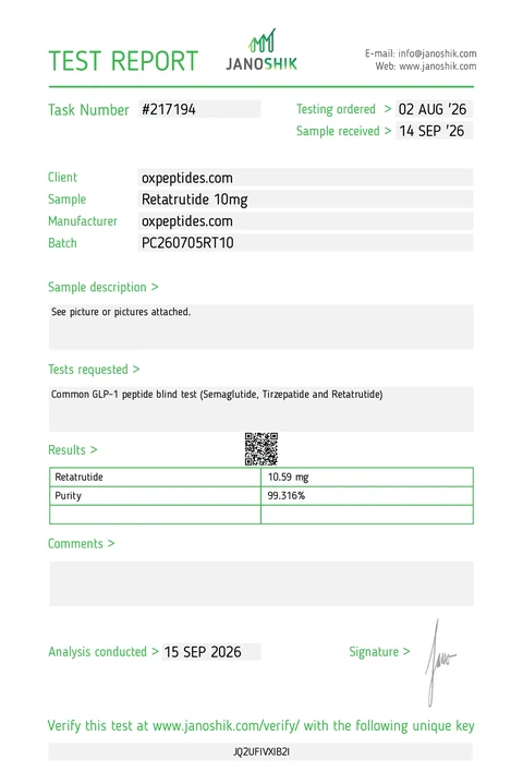 Janoshik #217194 · Retatrutyd 10 mg: 10,59 mg · 99,316 %
